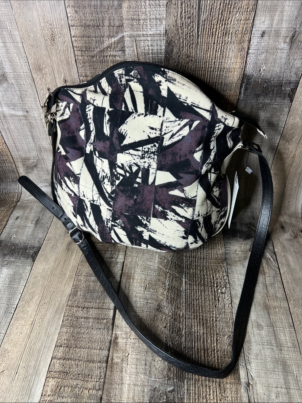 Kate Sheridan Abstract Black & Cream Crossbody Bag with Black Strap